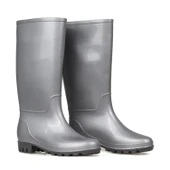 Kadın Gümüş Uzun Yağmur Çizmesi, Su Geçirmez PVC, Kaymaz Taban, Günlük Outdoor Kullanım thumbnail 1