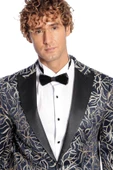 Işıltılı Sarmaşık Desenli Slim Fit Lacivert Erkek Smokin Ceket - Wessi thumbnail 2