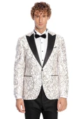 Işıltılı Sarmaşık Desenli Slim Fit Beyaz Erkek Smokin Ceket - Wessi thumbnail 7