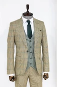 Bej Ekoseli Desenli Yelekli Erkek Takım Elbise - Wessi thumbnail 10