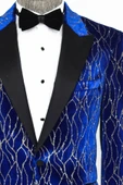 Altın Desenli Mavi Erkek Smokin Ceket - Wessi thumbnail 2