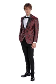 Floral Desenli Slim Fit Bordo Erkek Smokin Ceket - Wessi thumbnail 4