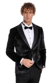 Simli Slim Fit Kadife Siyah Erkek Smokin Ceket - Wessi thumbnail 8