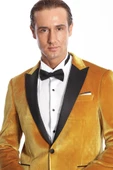 Kadife Slim Fit Sarı Erkek Smokin Ceket - Wessi thumbnail 2
