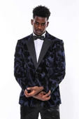 Simli Yaprak Desenli Lacivert Erkek Smokin Ceket - Wessi thumbnail 5
