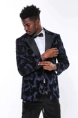 Simli Yaprak Desenli Lacivert Erkek Smokin Ceket - Wessi thumbnail 6
