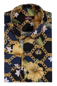 Renkli Çiçek Desenli Slim Fit Uzun Kollu Lacivert Erkek Gömlek - Wessi thumbnail 2