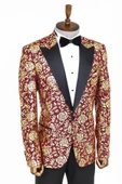 Gold Gül Desenli Slim Fit Bordo Erkek Smokin Ceket - Wessi thumbnail 6