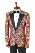 Gold Gül Desenli Slim Fit Bordo Erkek Smokin Ceket - Wessi thumbnail 5