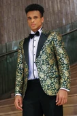 Gold Gül Desenli Slim Fit Yeşil Erkek Smokin Ceket - Wessi thumbnail 3