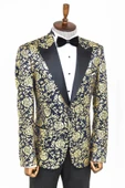 Gold Gül Desenli Slim Fit Lacivert Erkek Smokin Ceket - Wessi thumbnail 7