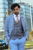 Gri Yelekli Slim Fit Ekose Açık Mavi Erkek Takım Elbise - Wessi thumbnail 6