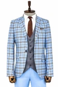 Gri Yelekli Slim Fit Ekose Açık Mavi Erkek Takım Elbise - Wessi thumbnail 1