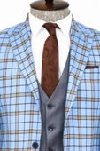 Gri Yelekli Slim Fit Ekose Açık Mavi Erkek Takım Elbise - Wessi thumbnail 2