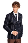 Geniş Yaka Çizgili Kruvaze Lacivert Yün Erkek Ceket - Wessi thumbnail 5