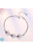 925 Ayar Gümüş Yonca Figürlü Kalpli Mor Taşlı Kadın Bileklik Sevgililer Günü Sevgiliye Hediyelik thumbnail 2