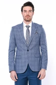 Ekose Slim Fit Tek Düğme Mavi Erkek Ceket - Wessi thumbnail 3