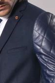 Kol Deri Kapitone Lacivert Kaşe Ceket - Wessi thumbnail 2