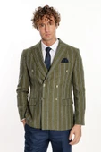 Geniş Yaka Çizgili Kruvaze Yeşil Yün Erkek Ceket - Wessi thumbnail 5