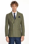 Geniş Yaka Çizgili Kruvaze Yeşil Yün Erkek Ceket - Wessi thumbnail 8