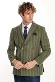 Geniş Yaka Çizgili Kruvaze Yeşil Yün Erkek Ceket - Wessi thumbnail 7