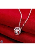 925 Ayar Gümüş Küp Zar Şeklinde Kristal Taşlı Kolye Hediyelik thumbnail 3