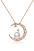 925 Ayar Gümüş Üzeri 14 Ayar Rose Altın Kaplama İnci ve Taşlı Ay Figürlü Kadın Kolye thumbnail 1
