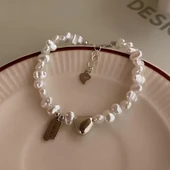 925 Ayar Gümüş Kalp Charmlı Doğal İnci Bileklik Kadın Takı Sevgiliye Hediyelik thumbnail 2