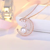 925 Ayar Gümüş Üzeri 14 Ayar Rose Altın Kaplama İnci ve Taşlı Ay Figürlü Kadın Kolye thumbnail 5