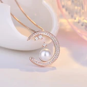 925 Ayar Gümüş Üzeri 14 Ayar Rose Altın Kaplama İnci ve Taşlı Ay Figürlü Kadın Kolye thumbnail 3