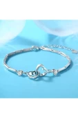 925 Ayar Gümüş Boyu Ayarlanabilir Kübik Zirkon Taşlı Çift Kalp Bileklik Sevgililer Günü Hediyelik thumbnail 10