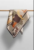 %57 İPEK %43 VİSKON Twill İpek Geometrik Desenli Bej - Taba Renkli 90x90 Eşarp Dikim Şekli : El Dikişi thumbnail 5