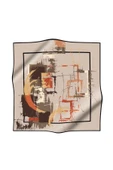 %57 İPEK %43 VİSKON Twill İpek Geometrik Desenli Bej - Taba Renkli 90x90 Eşarp Dikim Şekli : El Dikişi thumbnail 2