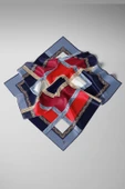 %100 Twill İpek Geometrik Desenli Lacivert - Kırmızı Renkli 90x90 Eşarp Dikim Şekli : El Dikişi thumbnail 3