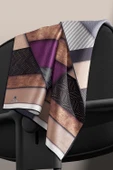 %100 Twill İpek Dokulu ve Geometrik Desenli Mürdüm - Vizon Renkli 90x90 Eşarp Dikim Şekli : El Dikişi thumbnail 5
