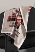 %100 Twill İpek Ekose Desenli Bej - Kırmızı Renkli 90x90 Eşarp Dikim Şekli : El Dikişi thumbnail 3