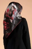 %100 Twill İpek Suluboya Çiçek Desenli Siyah - Bordo Renkli 90x90 Eşarp Dikim Şekli : El Dikişi thumbnail 5