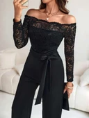 Kadın Uzun Kollu Madonna Yaka Dantelli Yandan Bağlamalı Ithal Krep Tulum thumbnail 5