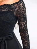 Kadın Uzun Kollu Madonna Yaka Dantelli Yandan Bağlamalı Ithal Krep Tulum thumbnail 3