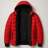 Kadın Şişme Kapüşonlu Fermuarlı Mont Su itici Kapitone Astarlı Kumaş Cepli Kışlık Rahat Kalıp - Kırmızı thumbnail 3