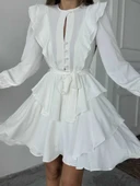 Ekru Fırfır ve Düğme Detaylı Uzun Kollu Katmanlı Mini Elbise thumbnail 5