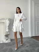 Ekru Fırfır ve Düğme Detaylı Uzun Kollu Katmanlı Mini Elbise thumbnail 6