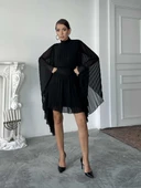 Pileli Pelerin Kollu Midi Elbise thumbnail 12