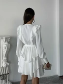 Ekru Fırfır ve Düğme Detaylı Uzun Kollu Katmanlı Mini Elbise thumbnail 3