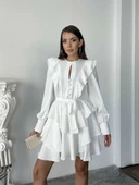 Ekru Fırfır ve Düğme Detaylı Uzun Kollu Katmanlı Mini Elbise thumbnail 2