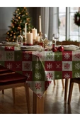Medi Home Yılbaşı Kırmızı Yeşil Kar Taneli Örgü Deseni Masa Örtüsü thumbnail 2