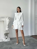 Ekru Fırfır ve Düğme Detaylı Uzun Kollu Katmanlı Mini Elbise thumbnail 1