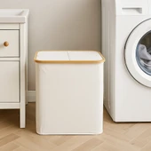 Vichy Doğal Bambu Çerçeveli Katlanabilir Kirli Sepeti – Kapaklı Krem Kumaş Çamaşır Sepeti Bej BR-6707 thumbnail 3