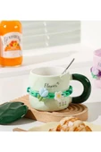 Dörtel Tedarik Tatlı Çiçekli Kahve Fincanı 380 ml Kapaklı ve Kaşıklı Seramik Kupa thumbnail 2