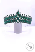 SimgeAksesuar Yeşil kristal taşlı şık ve zarif nişan ve bindallı tacı thumbnail 1